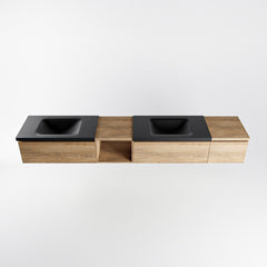 MONDIAZ BUKLA 240cm badmeubel met open module 40 links kleur Washed Oak met 3 lades. Wastafel CLOUD dubbel 0 kraangaten kleur Urban.