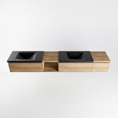 MONDIAZ BUKLA 240cm badmeubel met open module 40 links kleur Washed Oak met 3 lades. Wastafel CLOUD dubbel 2 kraangaten kleur Urban.