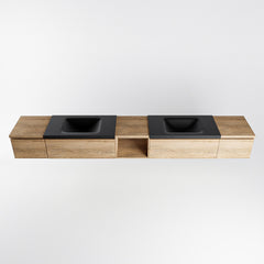 MONDIAZ BUKLA 280cm badmeubel met open module 40 midden kleur Washed Oak met 4 lades. Wastafel CLOUD dubbel 0 kraangaten kleur Urban.