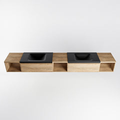MONDIAZ BUKLA 280cm badmeubel met open module 40 L+M+R kleur Washed Oak met 2 lades. Wastafel CLOUD dubbel 0 kraangaten kleur Urban.