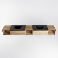 MONDIAZ BUKLA 280cm badmeubel met open module 40 L+M+R kleur Washed Oak met 2 lades. Wastafel CLOUD dubbel 2 kraangaten kleur Urban.