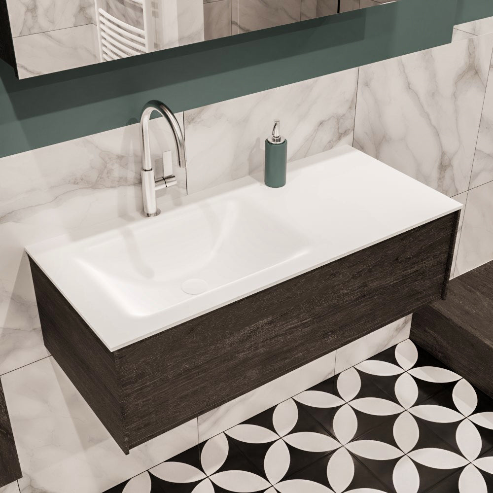 MONDIAZ LUSH 100cm badmeubel dark brown 1 lade wastafel CLOUD links 1 kraangat