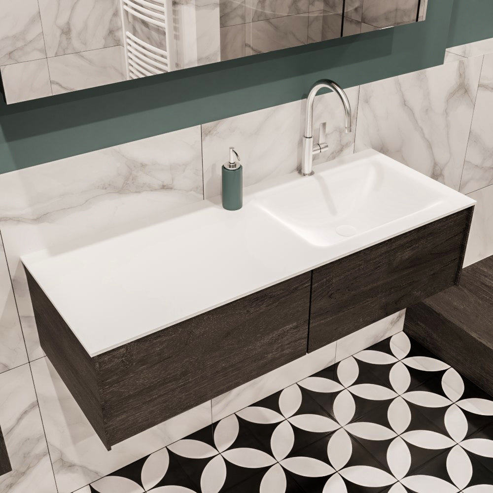 MONDIAZ LUSH 120 badmeubel dark brown 2 lades wastafel CLOUD rechts 1 kraangat