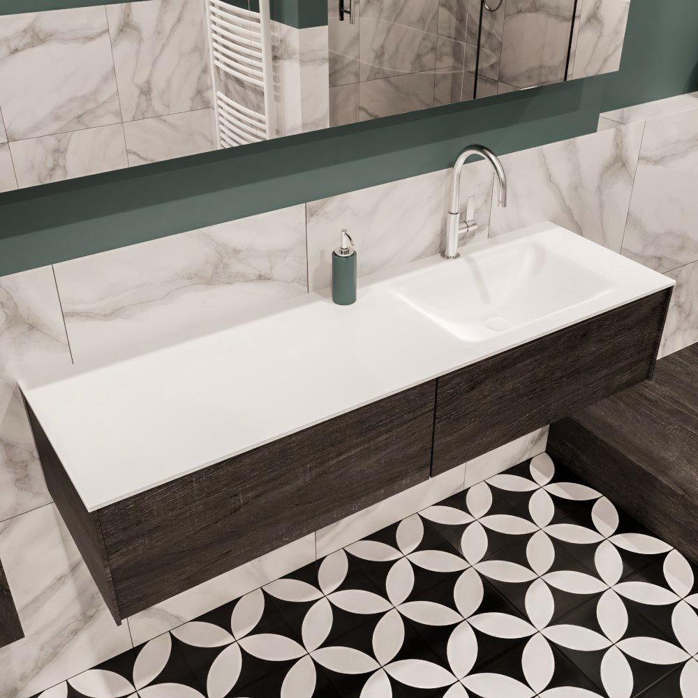 MONDIAZ LUSH 150 badmeubel dark brown 2 lades wastafel CLOUD rechts 1 kraangat