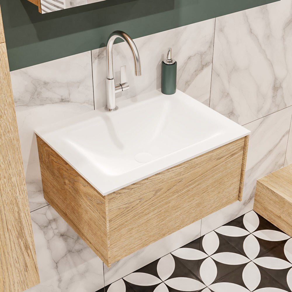 MONDIAZ LUSH 60cm badmeubel washed oak 1 lade wastafel CLOUD midden 1 kraangat