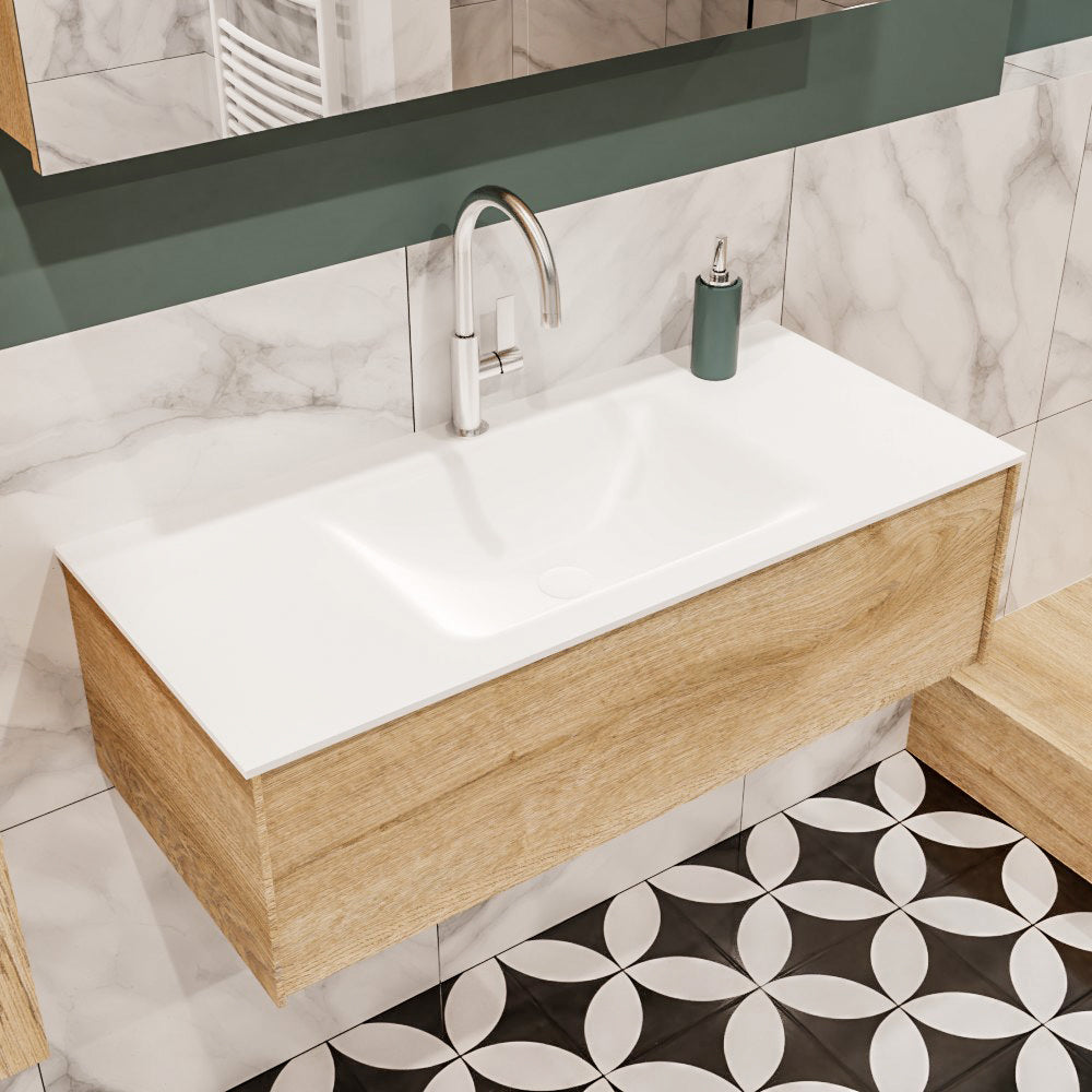 MONDIAZ LUSH 100 badmeubel washed oak 1 lade wastafel CLOUD midden 1 kraangat