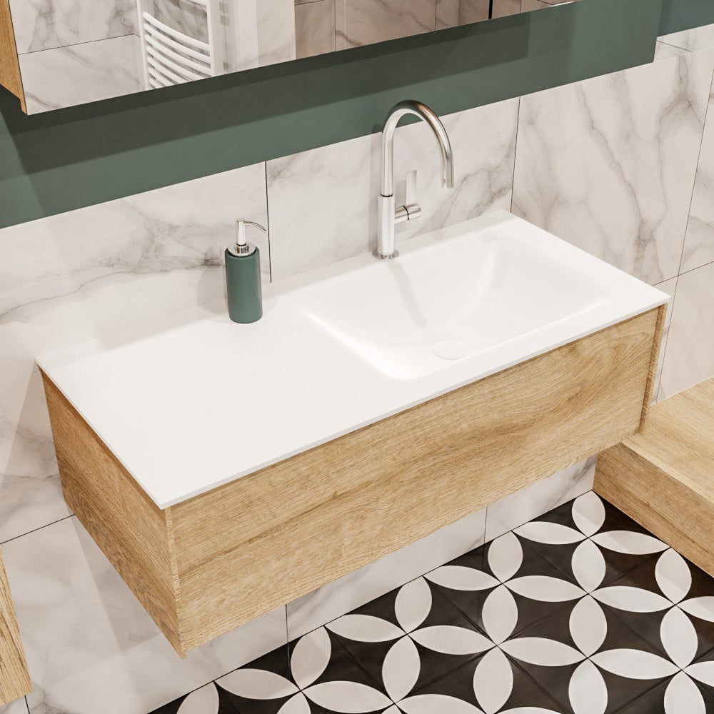 MONDIAZ LUSH 100 badmeubel washed oak 1 lade wastafel CLOUD rechts 1 kraangat