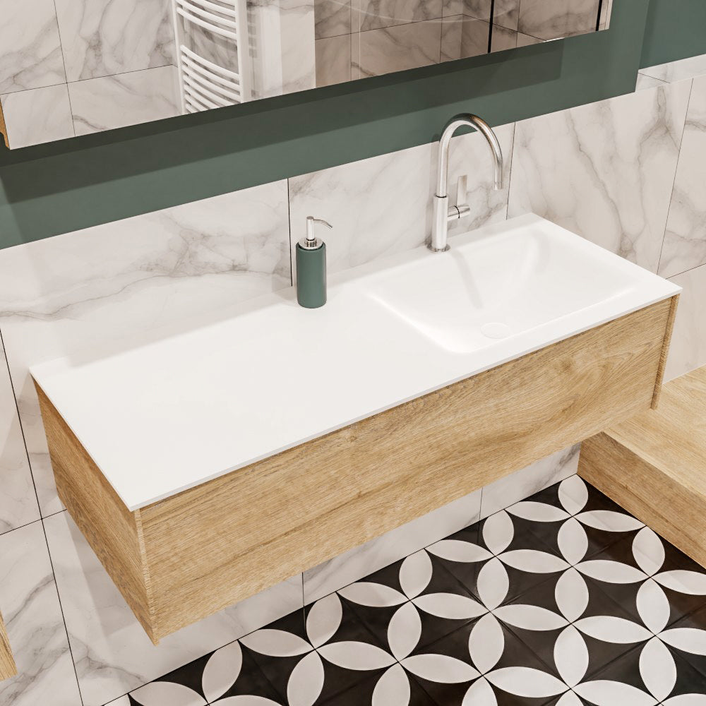 MONDIAZ LUSH 120 badmeubel washed oak 1 lade wastafel CLOUD rechts 1 kraangat