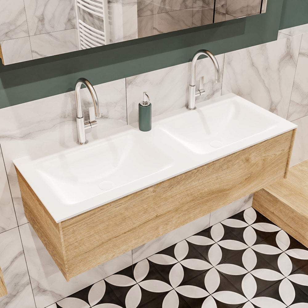 MONDIAZ LUSH 120 badmeubel washed oak 1 lade wastafel dubbel 2 kraangaten