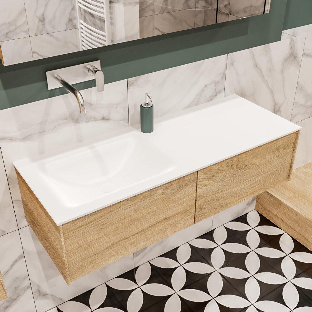 MONDIAZ LUSH 120 badmeubel washed oak 2 lades wastafel links geen kraangat