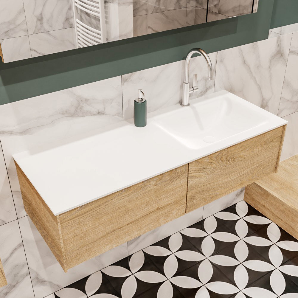 MONDIAZ LUSH 120 badmeubel washed oak 2 lades wastafel CLOUD rechts 1 kraangat