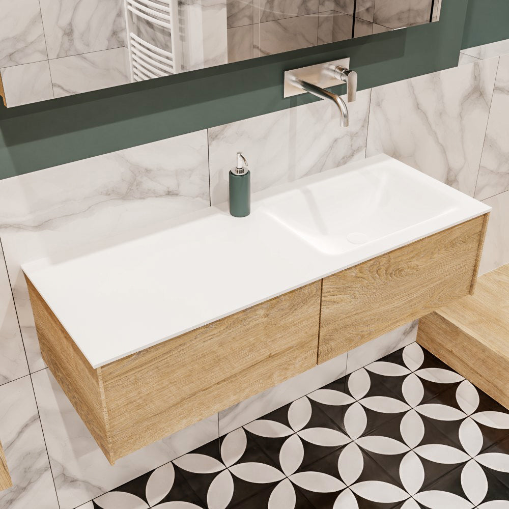 MONDIAZ LUSH 120 badmeubel washed oak 2 lades wastafel rechts geen kraangat