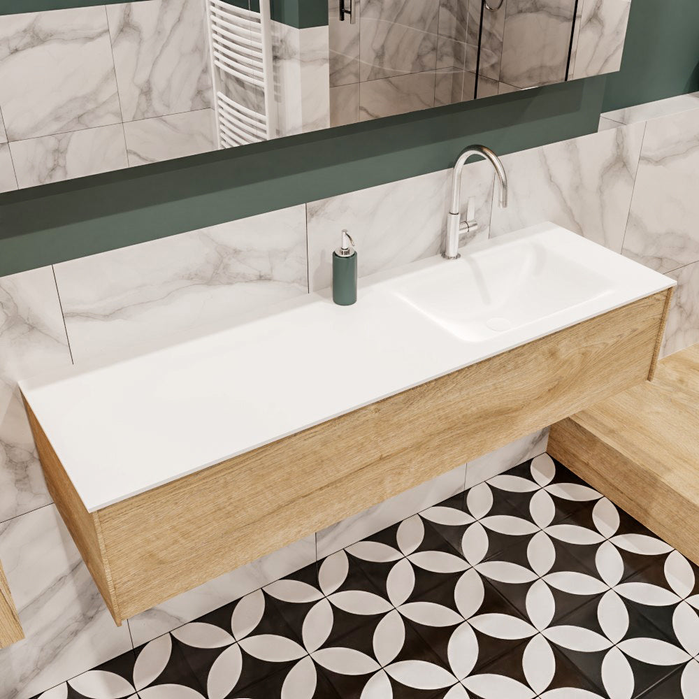 MONDIAZ LUSH 150 badmeubel washed oak 1 lade wastafel CLOUD rechts 1 kraangat