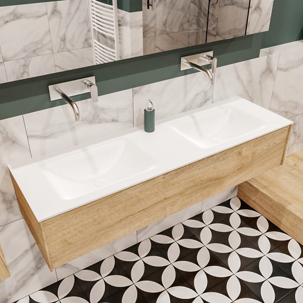 MONDIAZ LUSH 150 badmeubel washed oak 1 lade wastafel dubbel geen kraangat