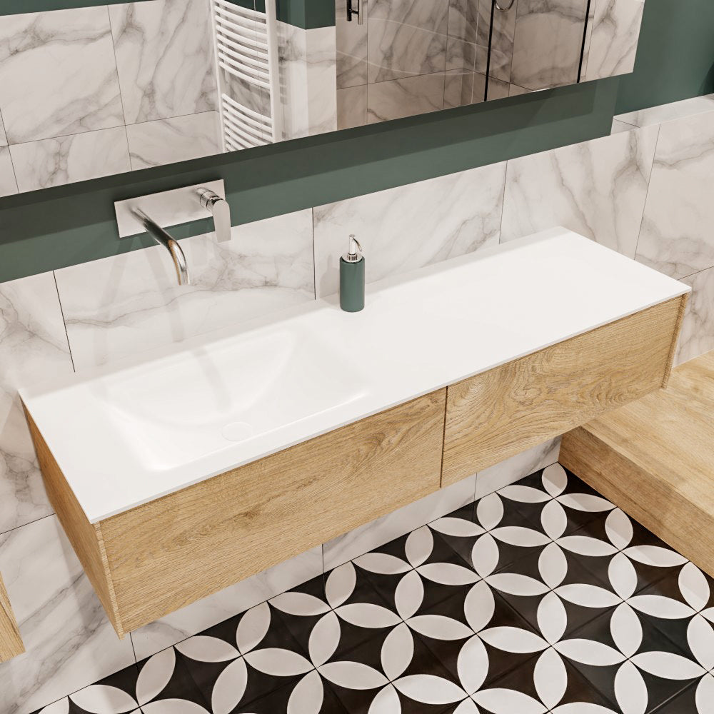 MONDIAZ LUSH 150 badmeubel washed oak 2 lades wastafel links geen kraangat