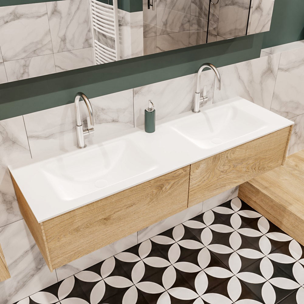 MONDIAZ LUSH 150 badmeubel washed oak 2 lades wastafel dubbel 2 kraangaten