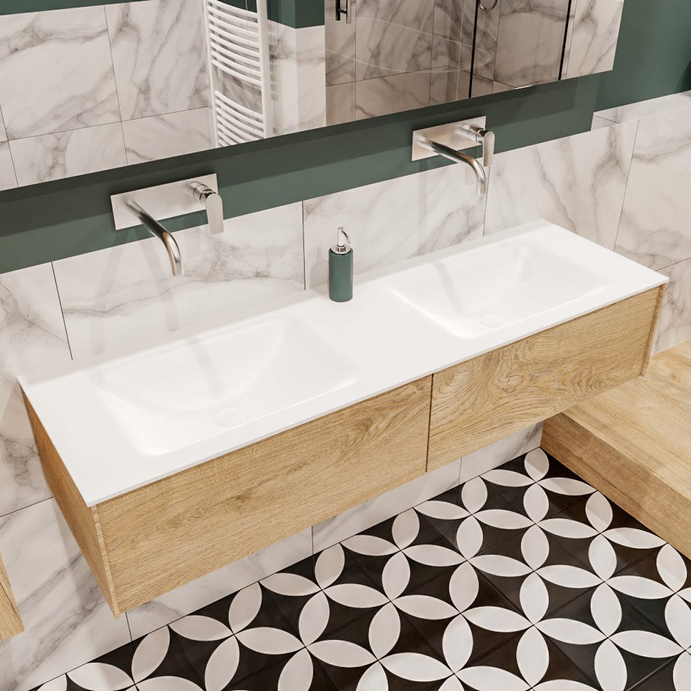 MONDIAZ LUSH 150 badmeubel washed oak 2 lades wastafel dubbel geen kraangat