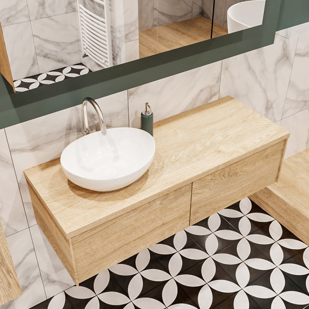 MONDIAZ LUSH 120 badmeubel washed oak 2 lades wastafel BARCO links 1 kraangat