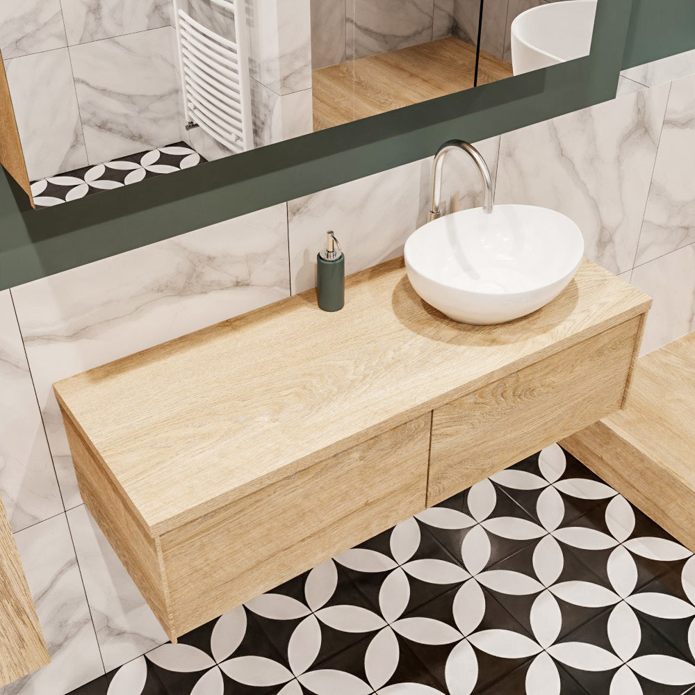 MONDIAZ LUSH 120 badmeubel washed oak 2 lades wastafel BARCO rechts 1 kraangat