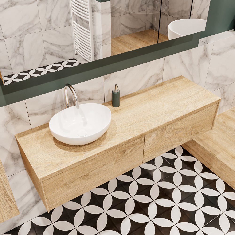 MONDIAZ LUSH 150 badmeubel washed oak 2 lades wastafel BARCO links 1 kraangat