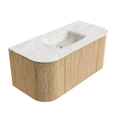 MONDIAZ KURVE-DLUX 100cm badmeubel ronding Links + Rechts kleur Oak met 1 lade en 2 deuren. Wastafel GRUNNE Midden 1 kraangat Frappe.