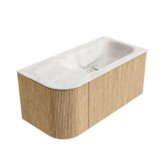 MONDIAZ KURVE-DLUX 95cm badmeubel ronding Links kleur Oak met 1 lade en 1 deur. Wastafel BIG SMALL Rechts zonder kraangat Frappe.