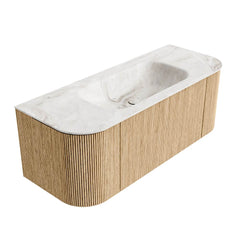 MONDIAZ KURVE-DLUX 120cm badmeubel ronding Links + Rechts kleur Oak met 1 lade en 2 deuren. Wastafel BIG SMALL Midden 1 kraangat Frappe.