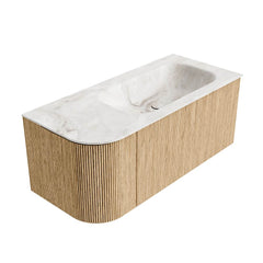 MONDIAZ KURVE-DLUX 105cm badmeubel ronding Links kleur Oak met 1 lade en 1 deur. Wastafel BIG SMALL Rechts 1 kraangat Frappe.