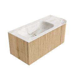 MONDIAZ KURVE-DLUX 105cm badmeubel ronding Rechts kleur Oak met 1 lade en 1 deur. Wastafel BIG SMALL Links 1 kraangat Frappe.
