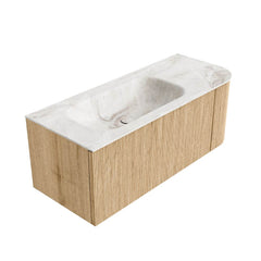 MONDIAZ KURVE-DLUX 115cm badmeubel ronding Rechts kleur Oak met 1 lade en 1 deur. Wastafel BIG SMALL Links 1 kraangat Frappe.