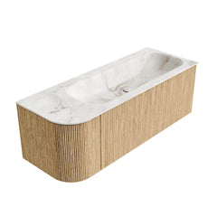 MONDIAZ KURVE-DLUX 125cm badmeubel ronding Links kleur Oak met 1 lade en 1 deur. Wastafel BIG MEDIUM Rechts 1 kraangat Frappe.