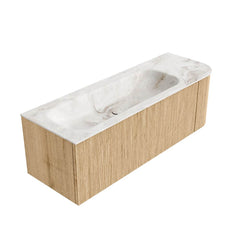 MONDIAZ KURVE-DLUX 135cm badmeubel ronding Rechts kleur Oak met 1 lade en 1 deur. Wastafel BIG MEDIUM Links zonder kraangat Frappe.