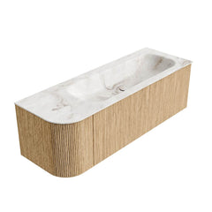MONDIAZ KURVE-DLUX 135cm badmeubel ronding Links kleur Oak met 1 lade en 1 deur. Wastafel BIG MEDIUM Rechts 1 kraangat Frappe.