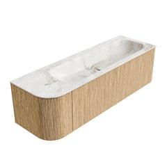 MONDIAZ KURVE-DLUX 145cm badmeubel ronding Links kleur Oak met 1 lade en 1 deur. Wastafel BIG LARGE Rechts 1 kraangat Frappe.