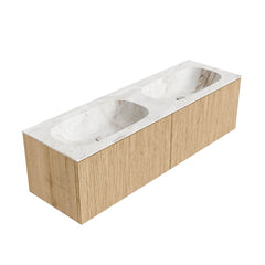 MONDIAZ KURVE-DLUX 150cm badmeubel kleur Oak met 2 lades en 0 deuren. Wastafel STOR SMALL Dubbel zonder kraangat Frappe.