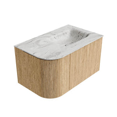 MONDIAZ KURVE-DLUX 75cm badmeubel ronding Links kleur Oak met 1 lade en 1 deur. Wastafel GRUNNE Rechts zonder kraangat Glace.