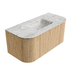 MONDIAZ KURVE-DLUX 100cm badmeubel ronding Links + Rechts kleur Oak met 1 lade en 2 deuren. Wastafel GRUNNE Midden 1 kraangat Glace.