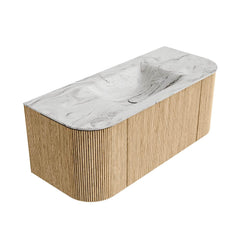 MONDIAZ KURVE-DLUX 110cm badmeubel ronding Links + Rechts kleur Oak met 1 lade en 2 deuren. Wastafel CLOUD Midden 1 kraangat Glace.