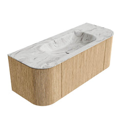 MONDIAZ KURVE-DLUX 120cm badmeubel ronding Links + Rechts kleur Oak met 1 lade en 2 deuren. Wastafel BIG SMALL Midden zonder kraangat Glace.