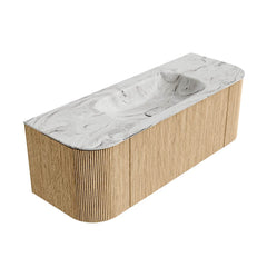 MONDIAZ KURVE-DLUX 130cm badmeubel ronding Links + Rechts kleur Oak met 1 lade en 2 deuren. Wastafel BIG SMALL Midden zonder kraangat Glace.