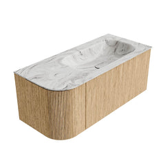 MONDIAZ KURVE-DLUX 105cm badmeubel ronding Links kleur Oak met 1 lade en 1 deur. Wastafel BIG SMALL Rechts 1 kraangat Glace.