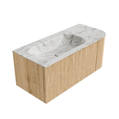 MONDIAZ KURVE-DLUX 105cm badmeubel ronding Rechts kleur Oak met 1 lade en 1 deur. Wastafel BIG SMALL Links 1 kraangat Glace.