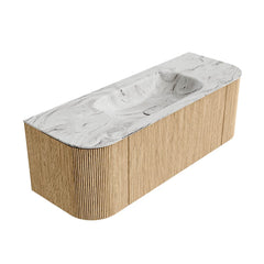 MONDIAZ KURVE-DLUX 130cm badmeubel ronding Links + Rechts kleur Oak met 1 lade en 2 deuren. Wastafel BIG SMALL Midden 1 kraangat Glace.