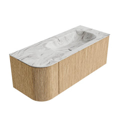 MONDIAZ KURVE-DLUX 115cm badmeubel ronding Links kleur Oak met 1 lade en 1 deur. Wastafel BIG SMALL Rechts 1 kraangat Glace.