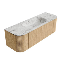 MONDIAZ KURVE-DLUX 140cm badmeubel ronding Links + Rechts kleur Oak met 1 lade en 2 deuren. Wastafel BIG SMALL Midden 1 kraangat Glace.