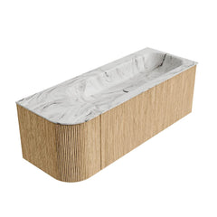 MONDIAZ KURVE-DLUX 125cm badmeubel ronding Links kleur Oak met 1 lade en 1 deur. Wastafel BIG MEDIUM Rechts zonder kraangat Glace.