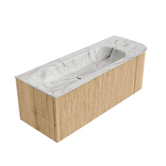 MONDIAZ KURVE-DLUX 125cm badmeubel ronding Rechts kleur Oak met 1 lade en 1 deur. Wastafel BIG MEDIUM Links zonder kraangat Glace.