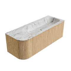 MONDIAZ KURVE-DLUX 125cm badmeubel ronding Links kleur Oak met 1 lade en 1 deur. Wastafel BIG MEDIUM Rechts 1 kraangat Glace.