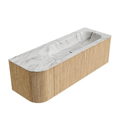 MONDIAZ KURVE-DLUX 135cm badmeubel ronding Links kleur Oak met 1 lade en 1 deur. Wastafel BIG MEDIUM Rechts 1 kraangat Glace.
