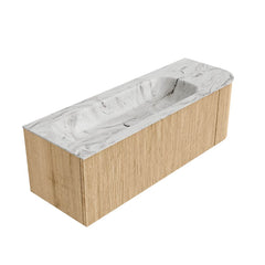 MONDIAZ KURVE-DLUX 135cm badmeubel ronding Rechts kleur Oak met 1 lade en 1 deur. Wastafel BIG MEDIUM Links 1 kraangat Glace.